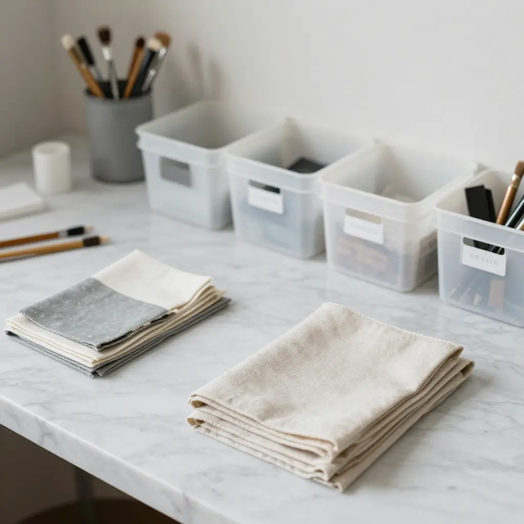 Clean organised workspace with crafting supplies on marble surface