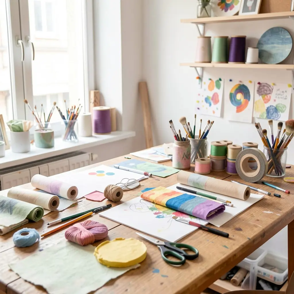 Bright studio workspace with crafting materials